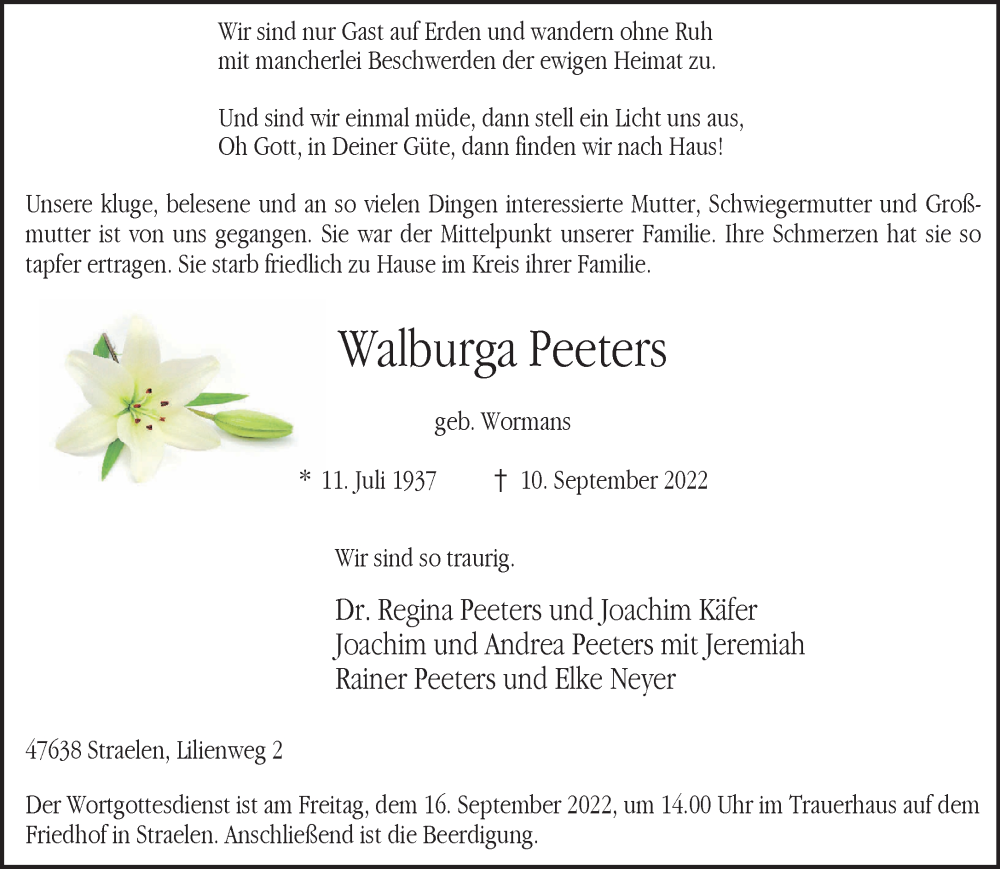  Traueranzeige für Walburga Peeters vom 14.09.2022 aus 