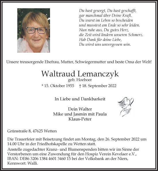 Traueranzeige von Waltraud Lemanczyk 