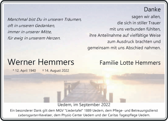 Traueranzeige von Werner Hemmers 