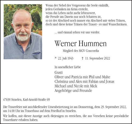Traueranzeige von Werner Hummen 