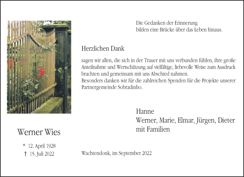  Traueranzeige für Werner Wies vom 03.09.2022 aus 