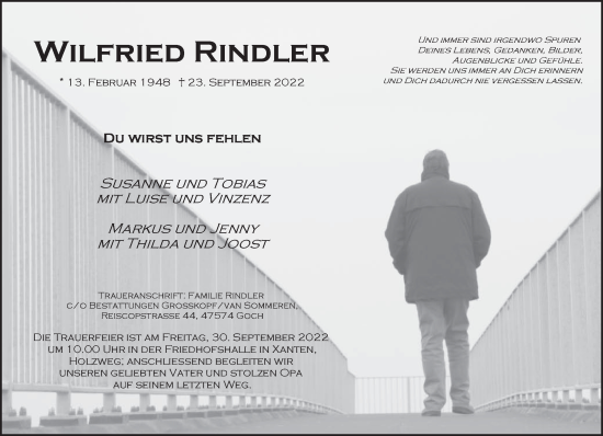 Traueranzeige von Wilfried Rindler 