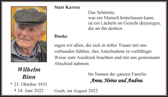 Traueranzeige von Wilhelm Binn 