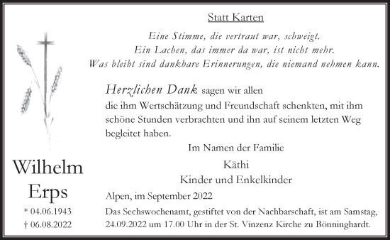 Traueranzeige von Wilhelm Erps 