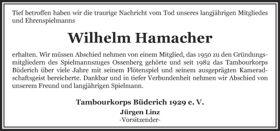 Traueranzeige von Wilhelm Hamacher 