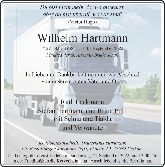 Traueranzeige von Wilhelm Hartmann 