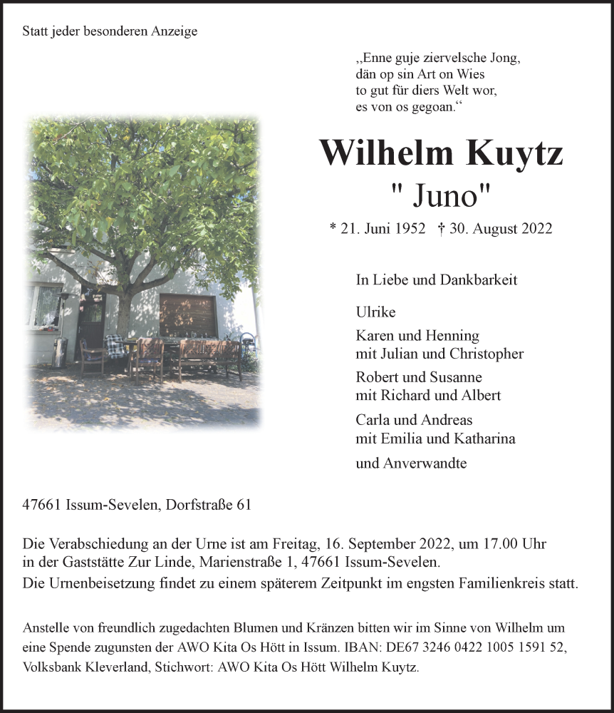  Traueranzeige für Wilhelm Kuytz vom 10.09.2022 aus 