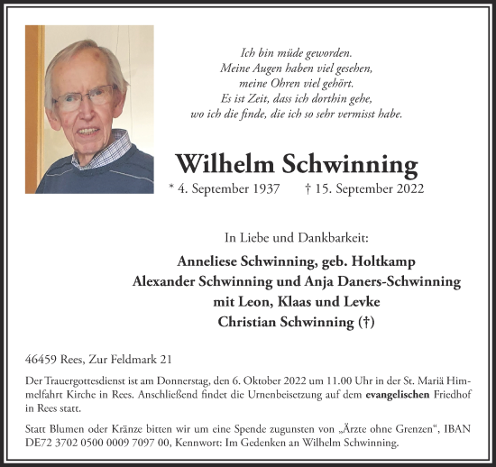 Traueranzeige von Wilhelm Schwinning 