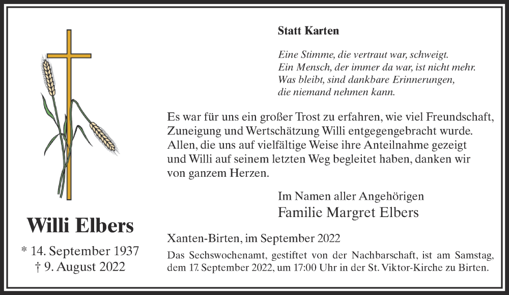  Traueranzeige für Willi Elbers vom 10.09.2022 aus 