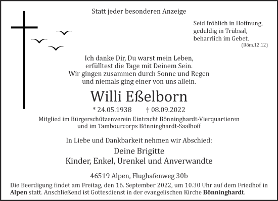 Traueranzeige von Willi Eßelborn 