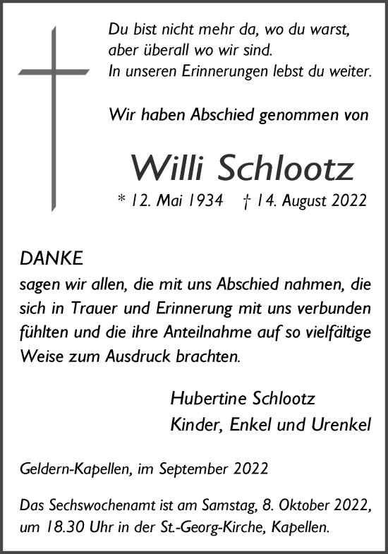 Traueranzeige von Willi Schlootz 