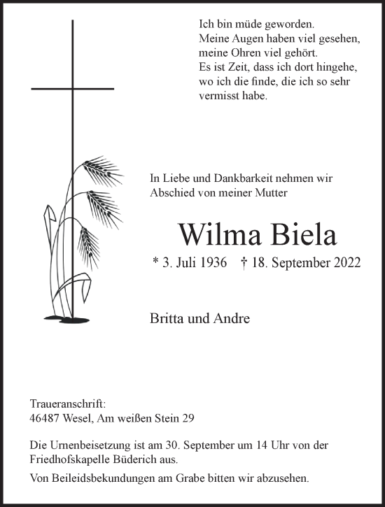 Traueranzeige von Wilma Biela 