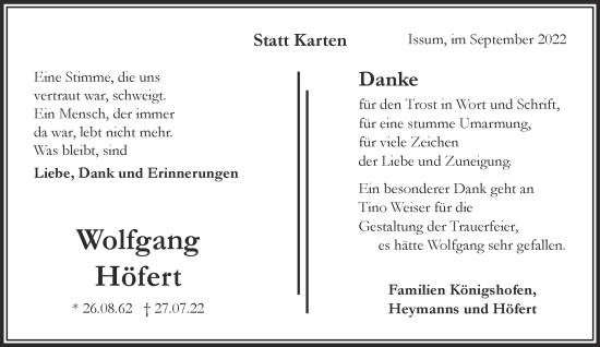 Traueranzeige von Wolfgang Höfert 