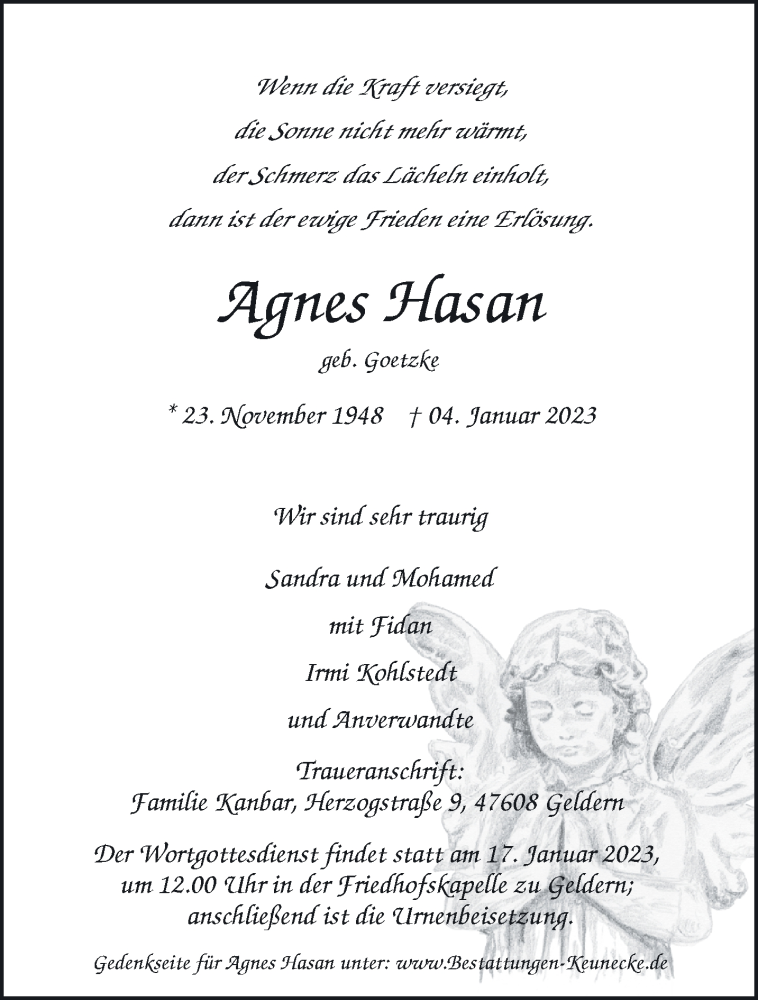  Traueranzeige für Agnes Hasan vom 14.01.2023 aus 
