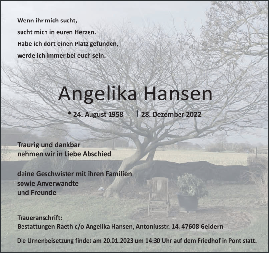 Traueranzeige von Angelika Hansen 