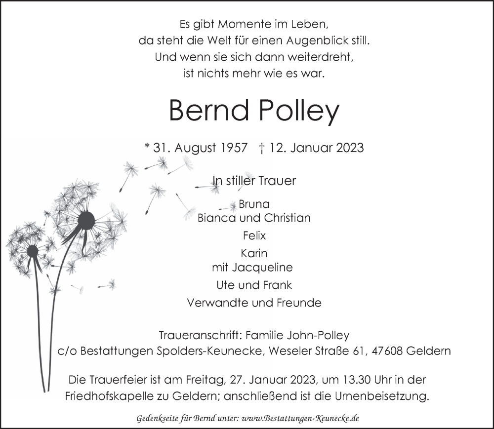  Traueranzeige für Bernd Polley vom 21.01.2023 aus 