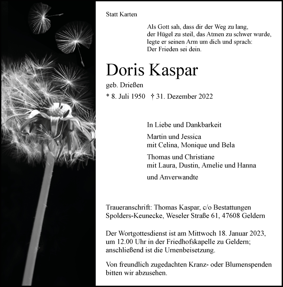  Traueranzeige für Doris Kaspar vom 07.01.2023 aus 
