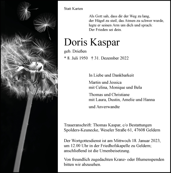 Traueranzeige von Doris Kaspar 