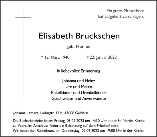 Traueranzeige von Elisabeth Bruckschen 
