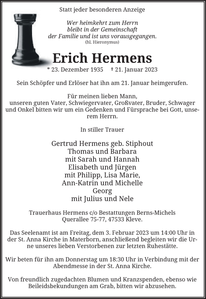  Traueranzeige für Erich Hermens vom 28.01.2023 aus 