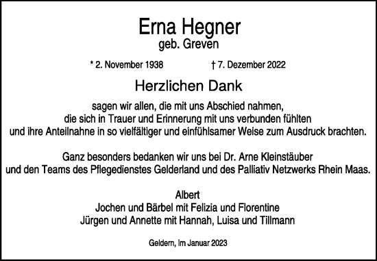 Traueranzeige von Erna Hegner 