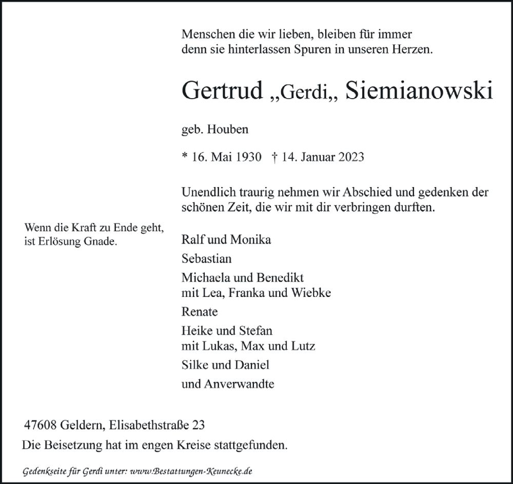  Traueranzeige für Gertrud Siemianowski vom 21.01.2023 aus 