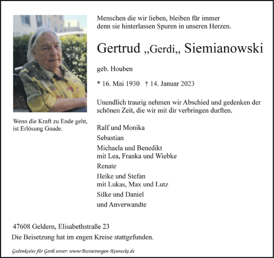 Traueranzeige von Gertrud Siemianowski 