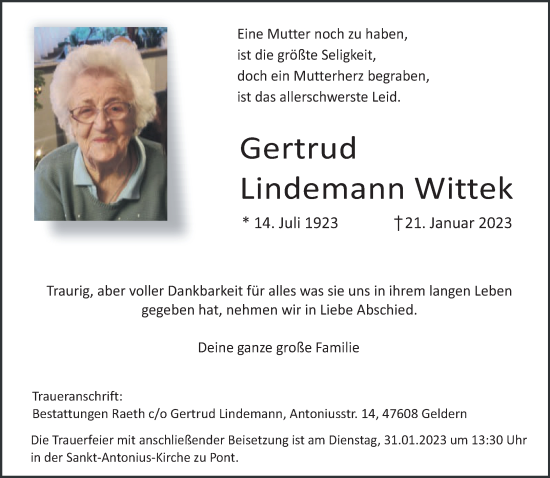 Traueranzeige von Gertrud Lindemann Wittek 