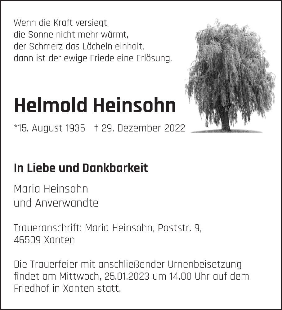  Traueranzeige für Helmold Heinsohn vom 21.01.2023 aus 