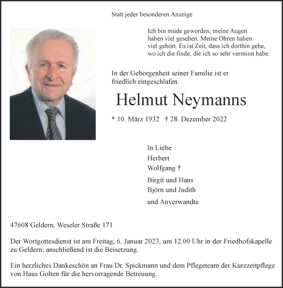  Traueranzeige für Helmut Neymanns vom 04.01.2023 aus 