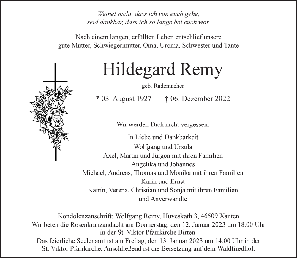  Traueranzeige für Hildegard Remy vom 07.01.2023 aus 