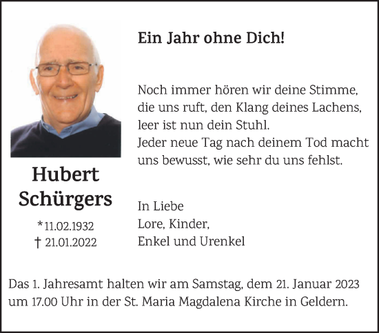 Traueranzeige von Hubert Schürgers 