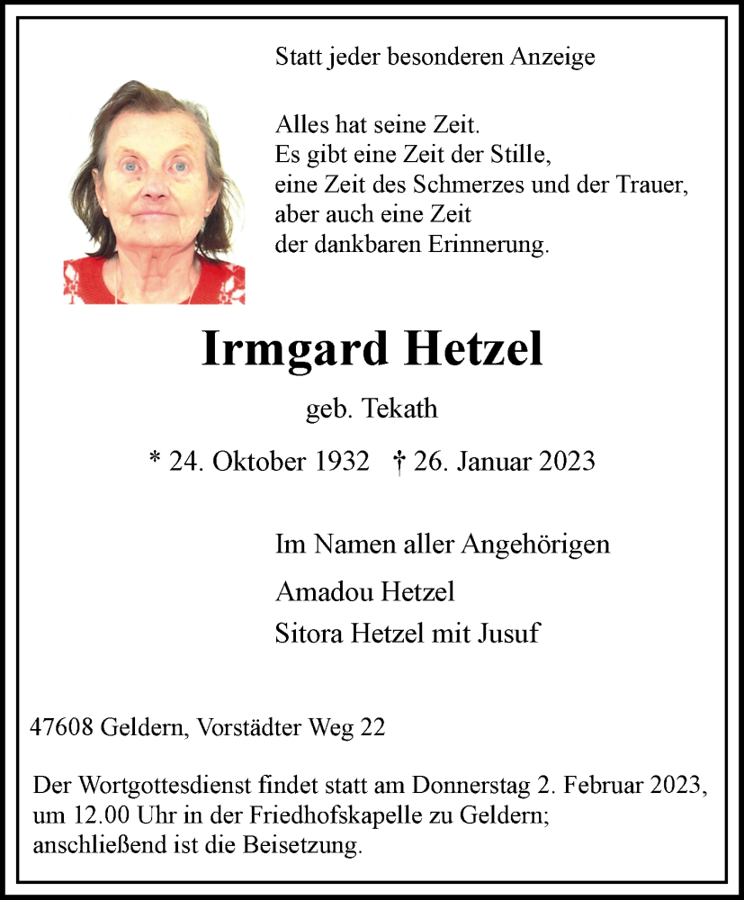  Traueranzeige für Irmgard Hetzel vom 28.01.2023 aus 