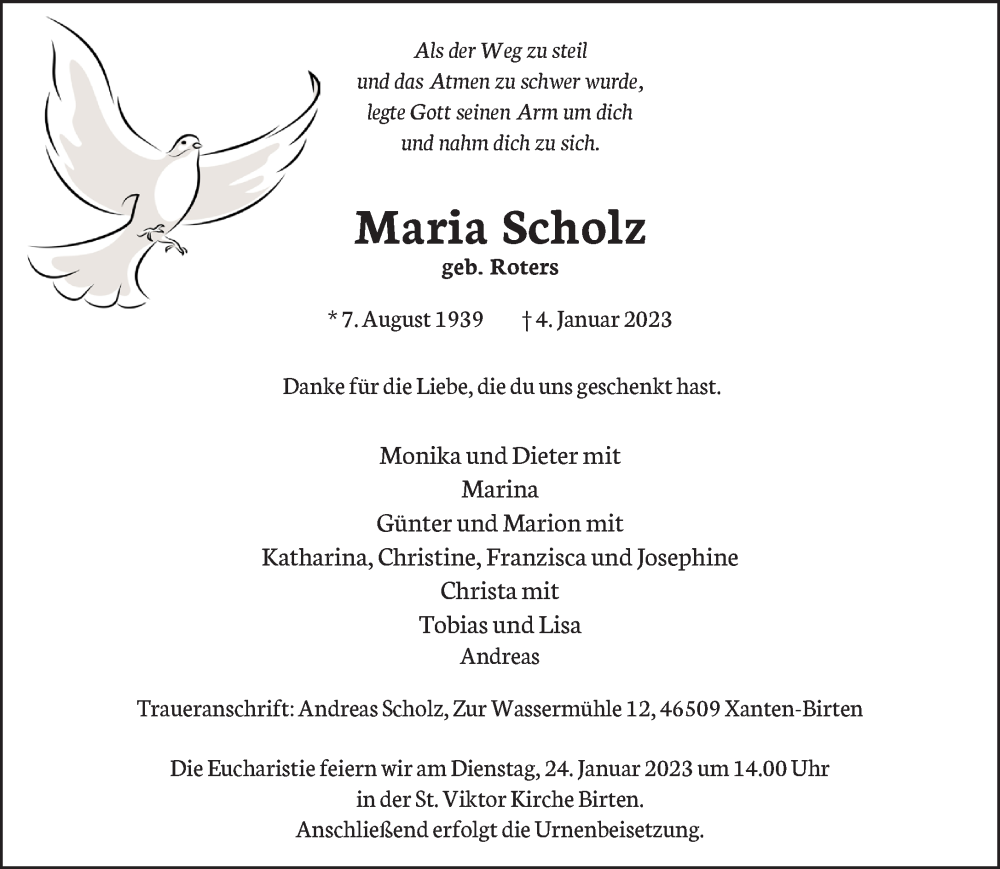  Traueranzeige für Maria Scholz vom 14.01.2023 aus 