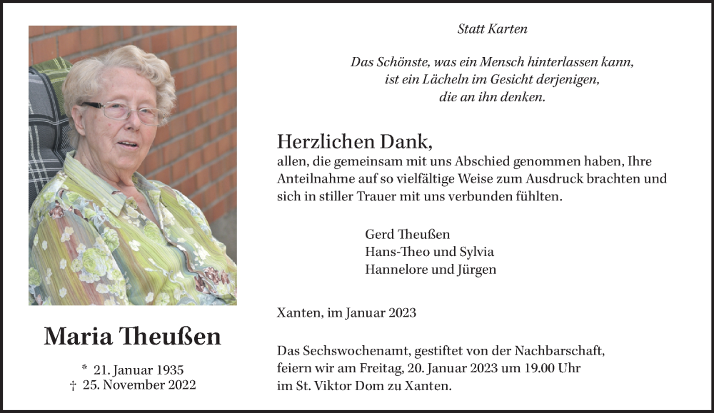  Traueranzeige für Maria Theußen vom 14.01.2023 aus 
