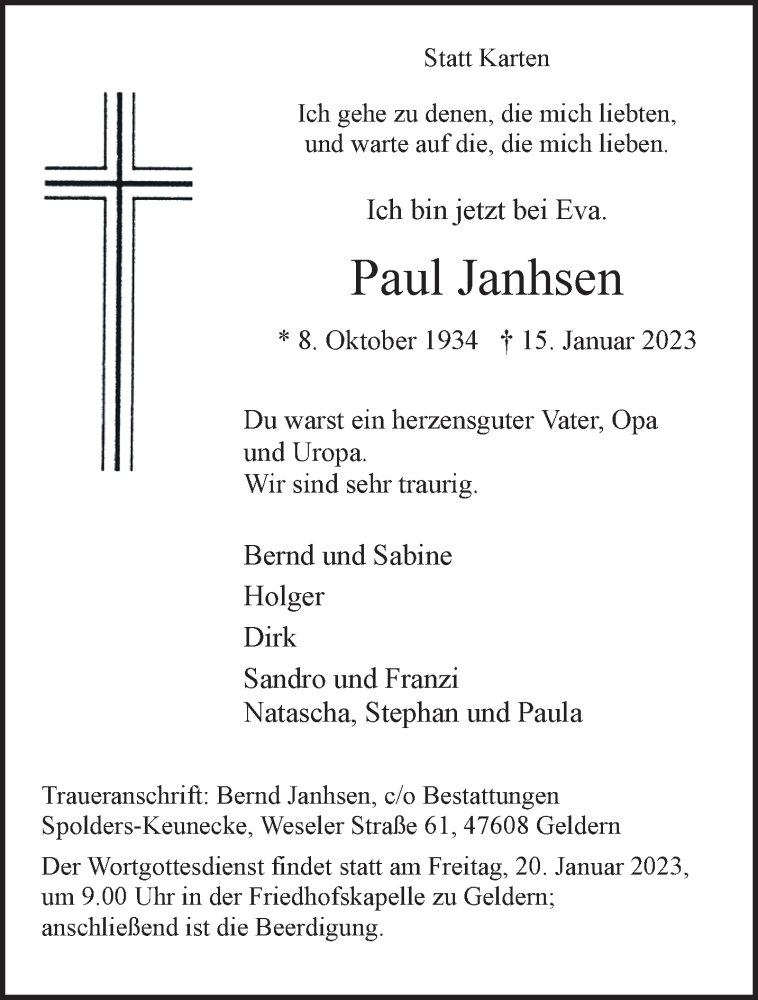  Traueranzeige für Paul Janhsen vom 18.01.2023 aus 