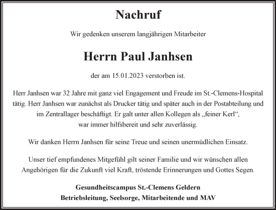 Traueranzeige von Paul Janhsen 