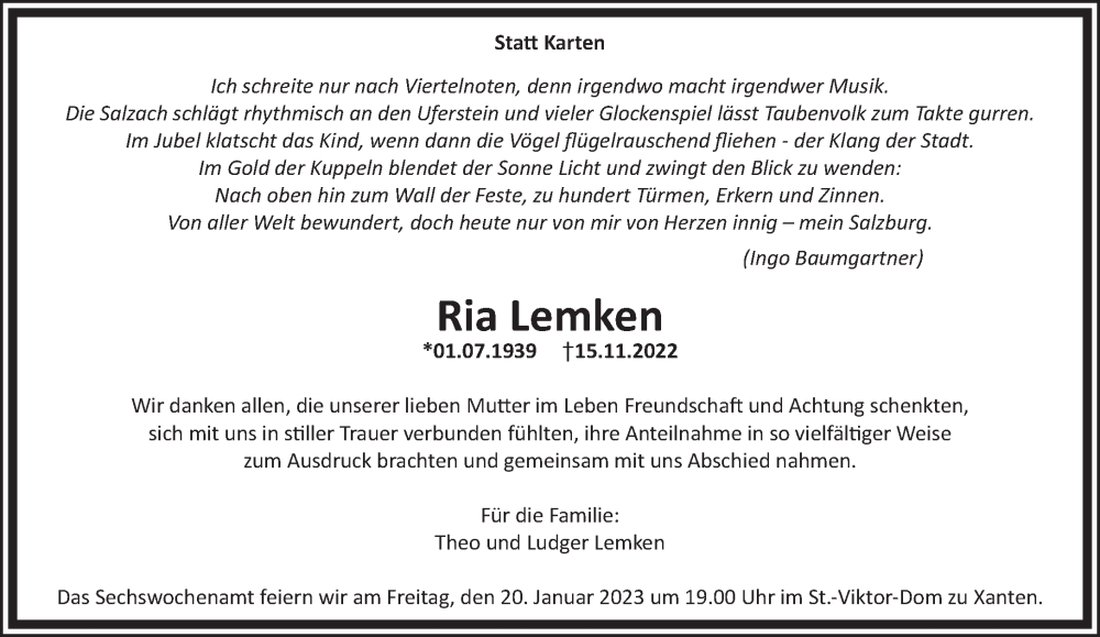  Traueranzeige für Ria Lemken vom 14.01.2023 aus 