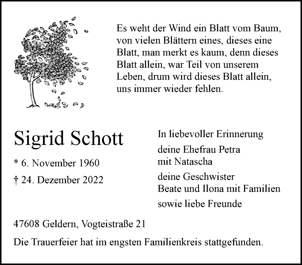  Traueranzeige für Sigrid Schott vom 07.01.2023 aus 
