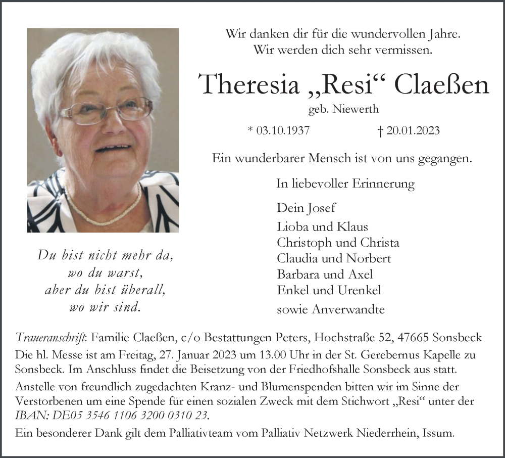  Traueranzeige für Theresia Claeßen vom 25.01.2023 aus 