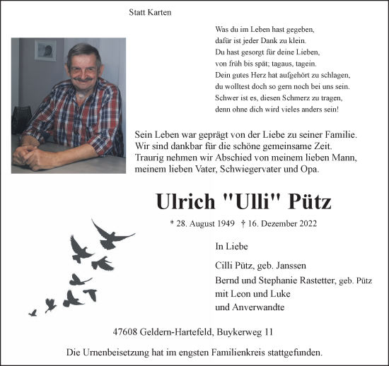 Traueranzeige von Ulrich Pütz 