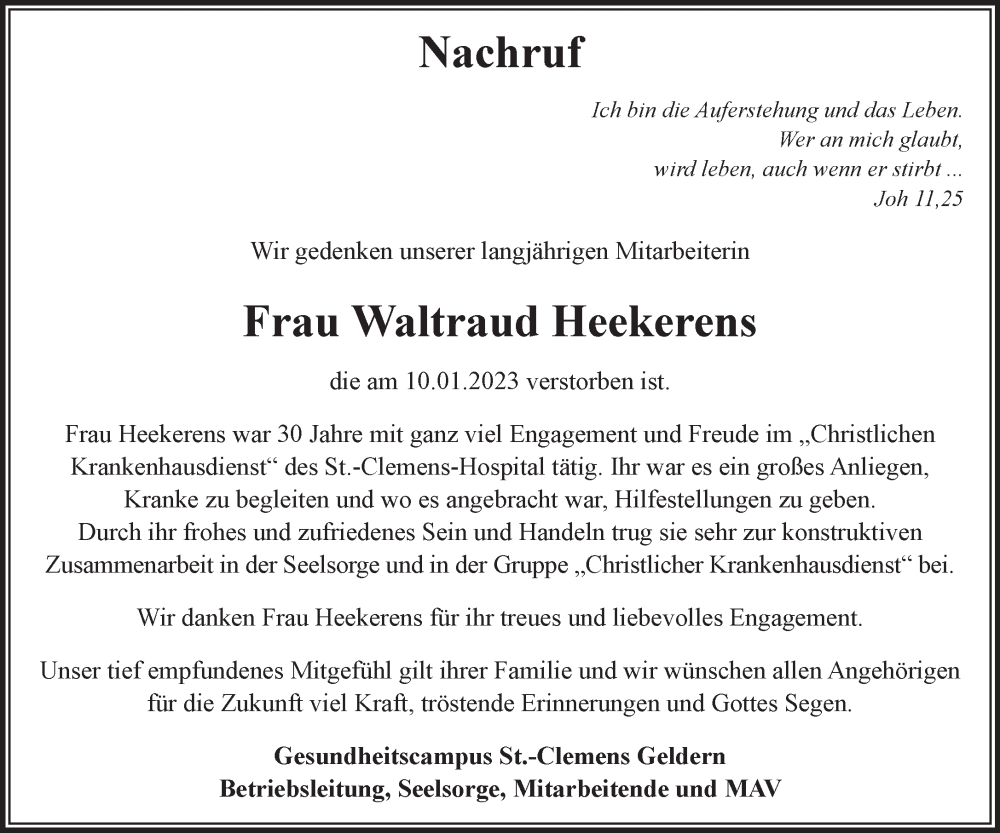  Traueranzeige für Waltraud Heekerens vom 21.01.2023 aus 
