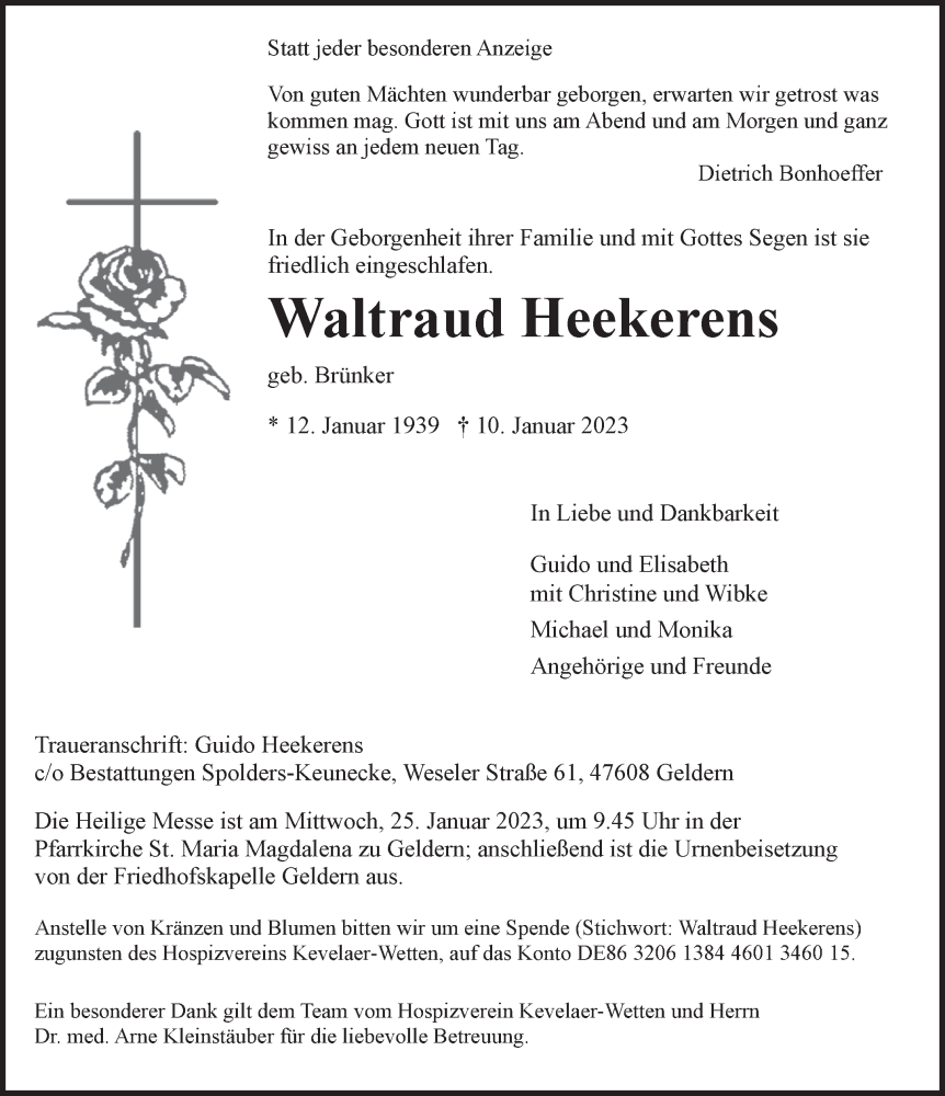  Traueranzeige für Waltraud Heekerens vom 18.01.2023 aus 