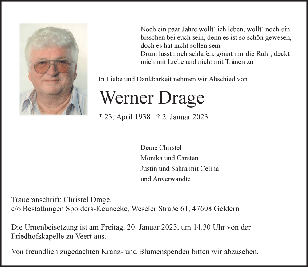  Traueranzeige für Werner Drage vom 14.01.2023 aus 