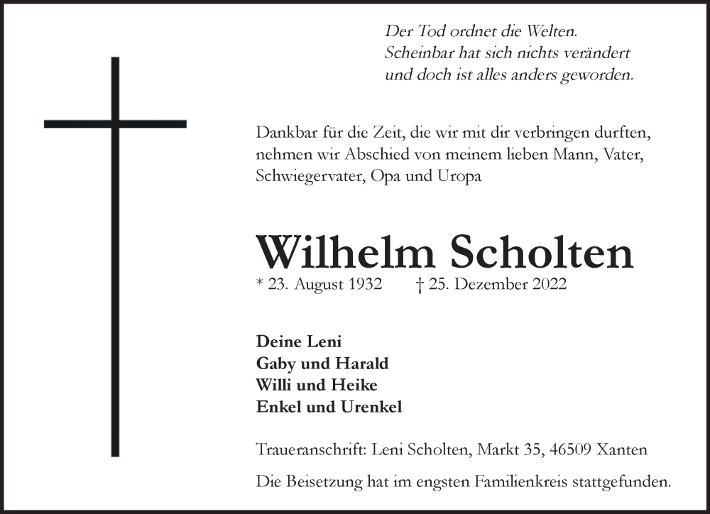  Traueranzeige für Wilhelm Scholten vom 07.01.2023 aus 