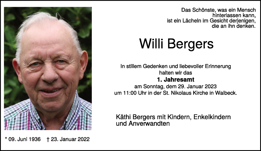  Traueranzeige für Willi Bergers vom 21.01.2023 aus 
