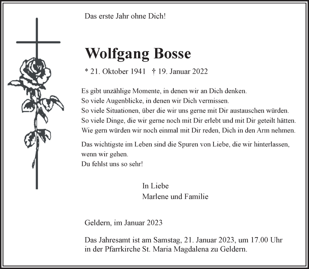  Traueranzeige für Wolfgang Bosse vom 14.01.2023 aus 