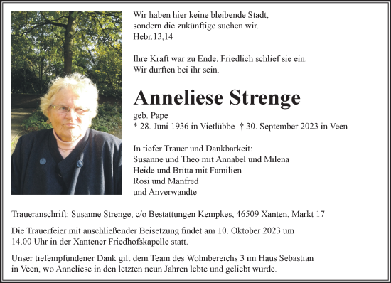 Traueranzeige von Anneliese Strenge von NNA