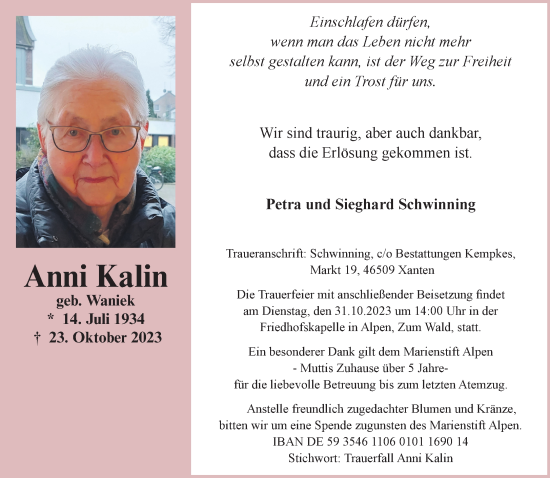 Traueranzeige von Anni Kalin von NNA