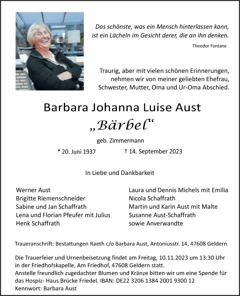  Traueranzeige für Barbara Johanna Luise Aust vom 07.10.2023 aus NNA